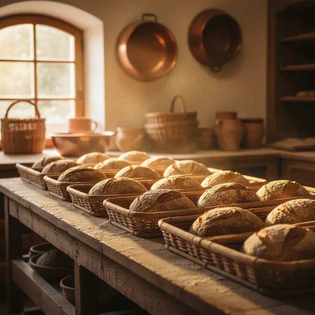 Frisch gebackene Bauernbrote kühlen in Korbflechtkörben auf einem rustikalen Holztisch, im Hintergrund Kupfertöpfe an der Wand und ein gewölbtes Fenster mit Morgenlicht