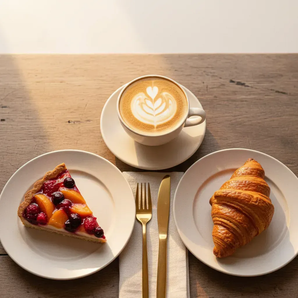 Cappuccino mit Latte-Art neben Obsttorte-Schnitte und goldgelbem Croissant auf hellem Holztisch, Frühstücks-Stillleben in der Vogelperspektive