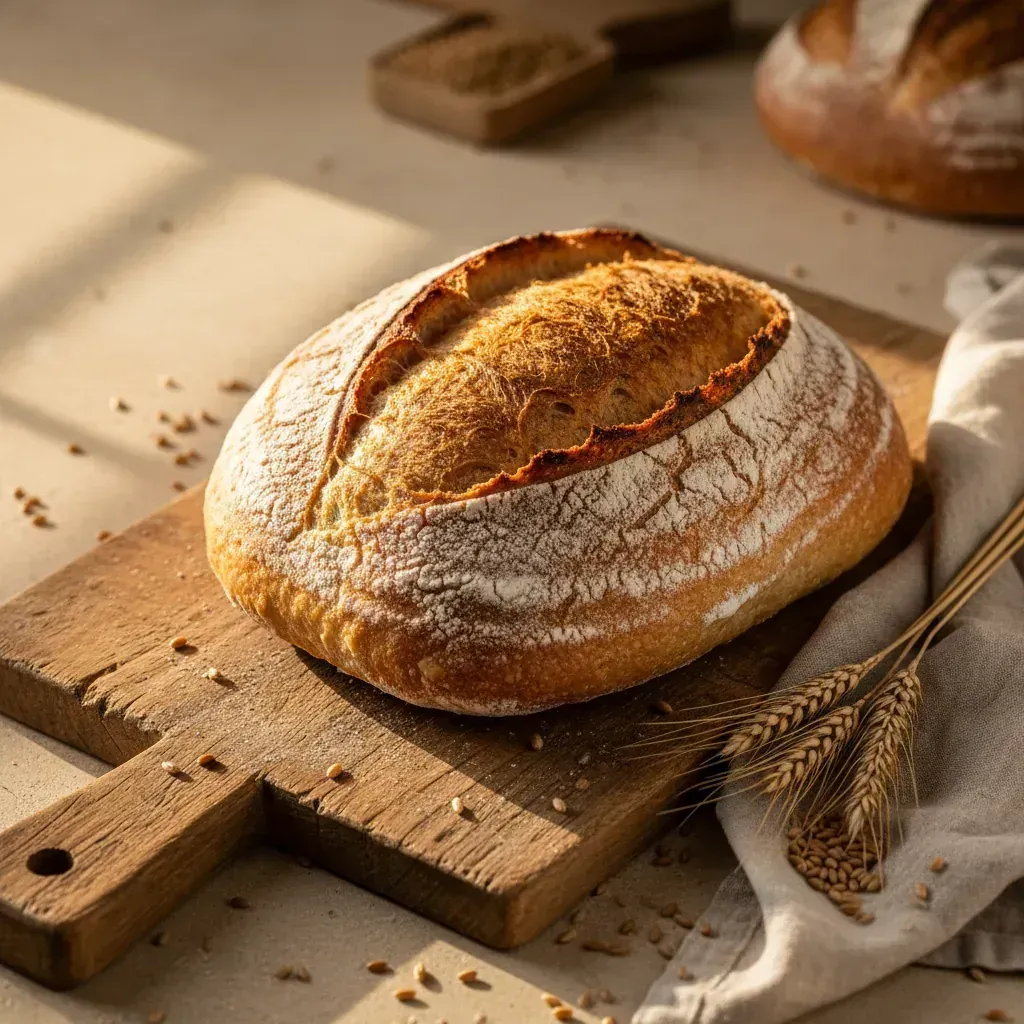 Frisch gebackenes Bauernbrot mit knuspriger Kruste auf einem rustikalen Holzbrett, fotografiert im warmen Morgenlicht