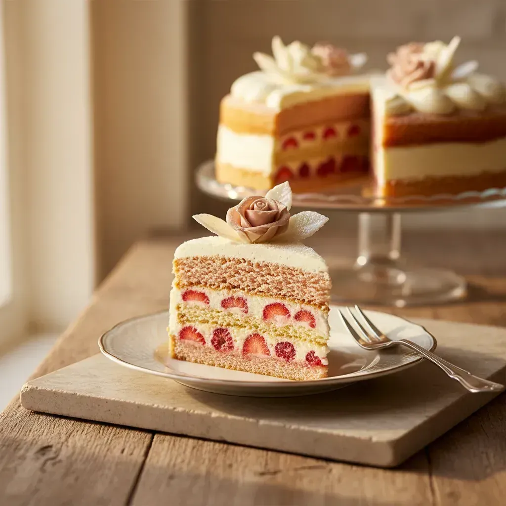 Tortenstück mit Erdbeerfüllung und Sahne-Rose auf Porzellanteller, im Hintergrund eine ganze Etagentorte