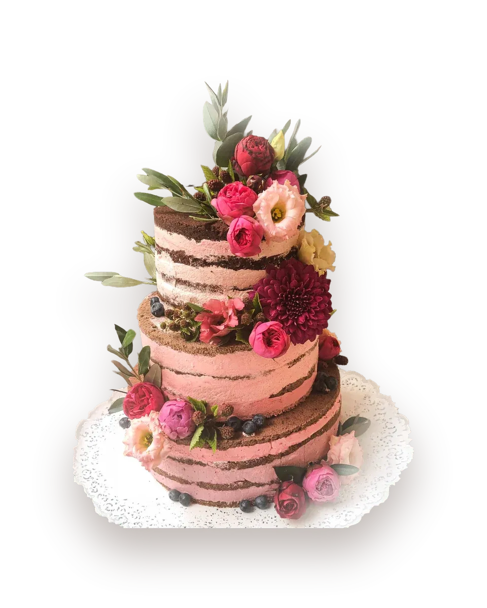 Dreistöckiger Naked Cake mit sichtbaren Teigschichten, rosa Creme, Rosen, Dahlien und Heidelbeeren