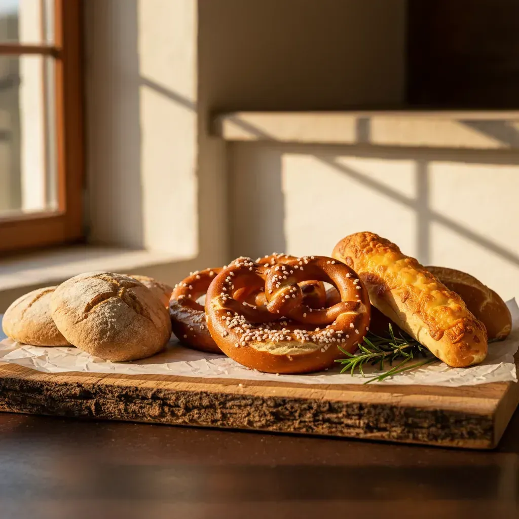 Bayerische Brezen mit grobem Salz, Käsestangerl und Laugengebäck auf rustikalem Holzbrett mit frischem Rosmarin, im warmen Morgenlicht